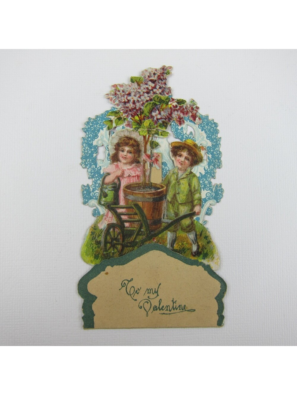 Vintage Valentine 3D Pop Up Die Cut Boy & Girl Pink Planting Tree Wheel Barrow